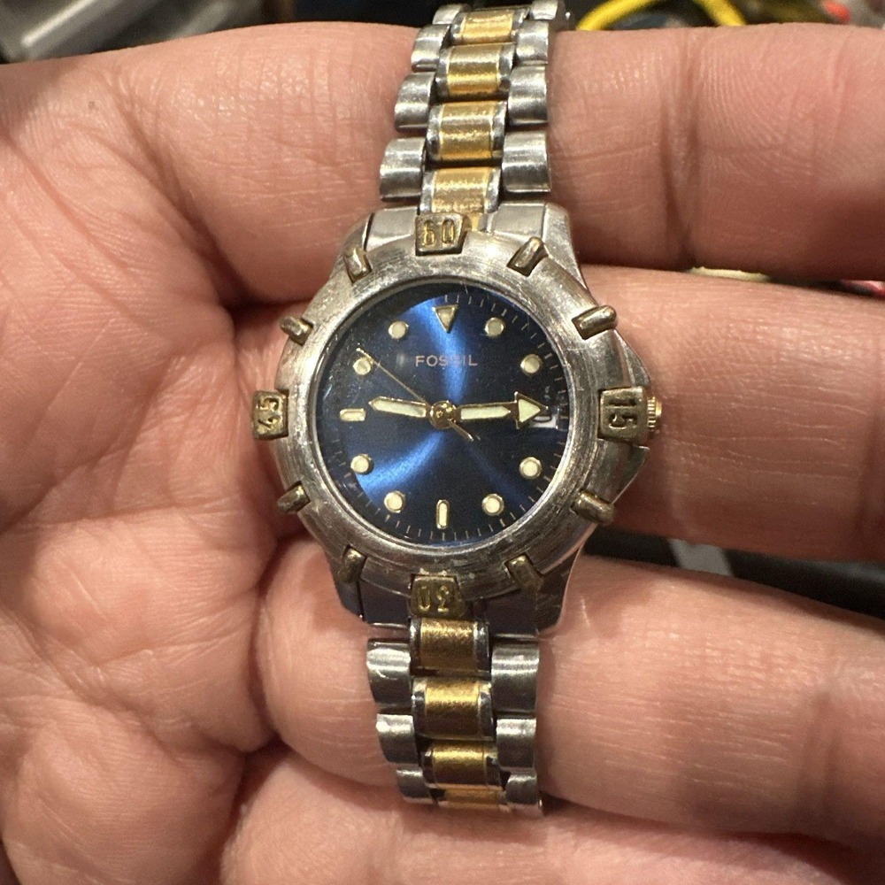 Working‎ Fossil Date 28mm Blue Dial Two Tone Women Watch Quartz New Battery